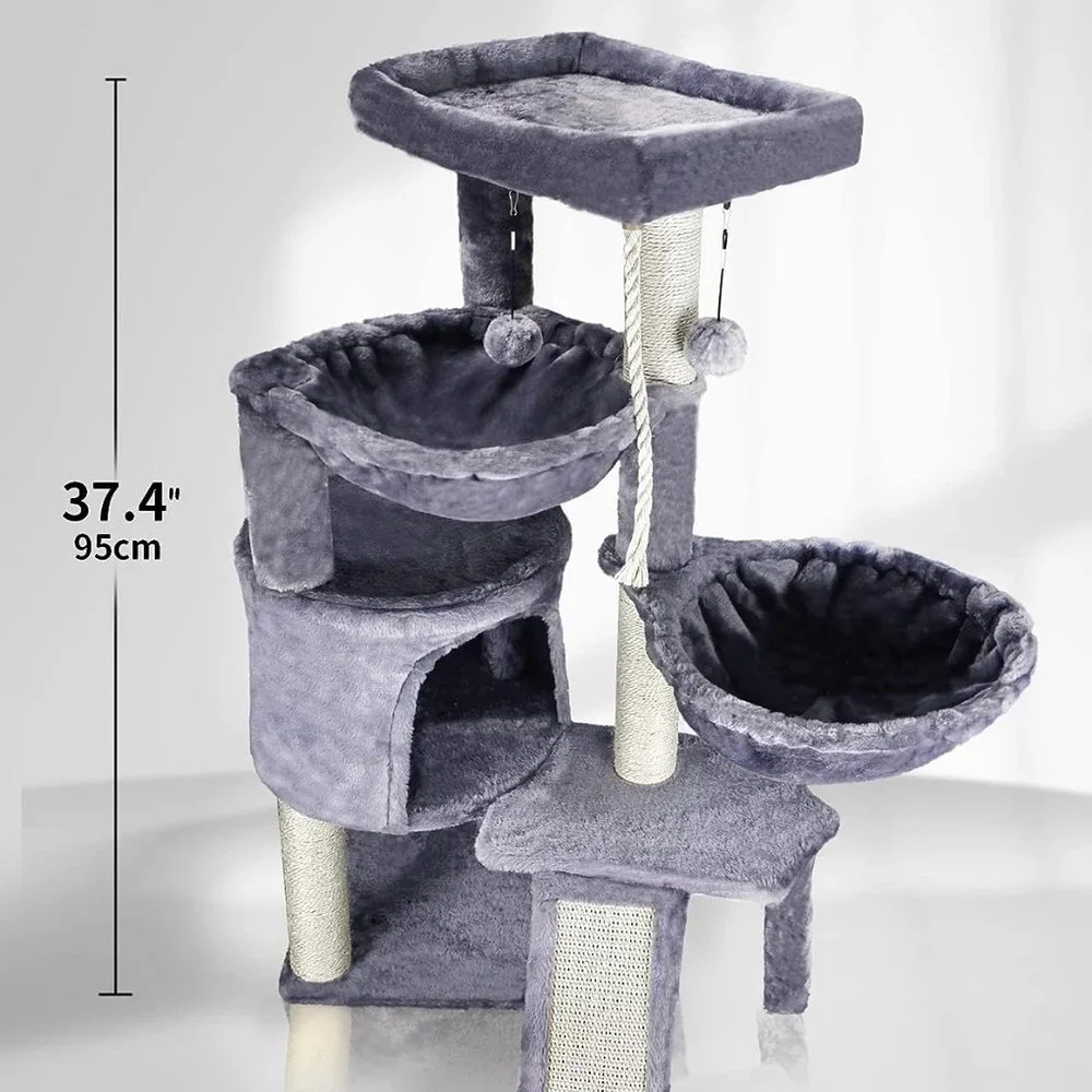 Three Layer Cat Tree with Cat Condo and Two Hammocks, Grey